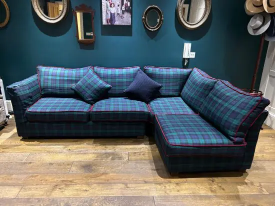 Wesley Barrel, Ralph Lauren Navy & Bottle Green Tartan Fabric L-Shaped Sofa