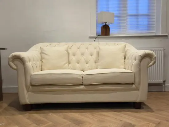 Chesterfield Ivory Linen Fabric Two-Seater Sofa