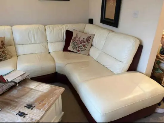 Cream and burgundy accent leather corner sofa