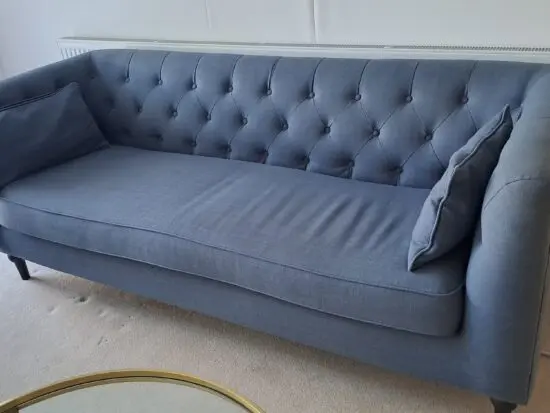 Flynn Armchairs and 3 seater sofa, Atlantic Blue Linen Mix