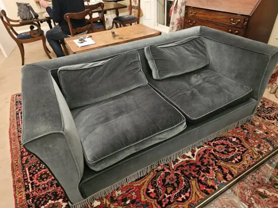 Antique teal draylon 3 seater sofa in good condition. Low-backed.