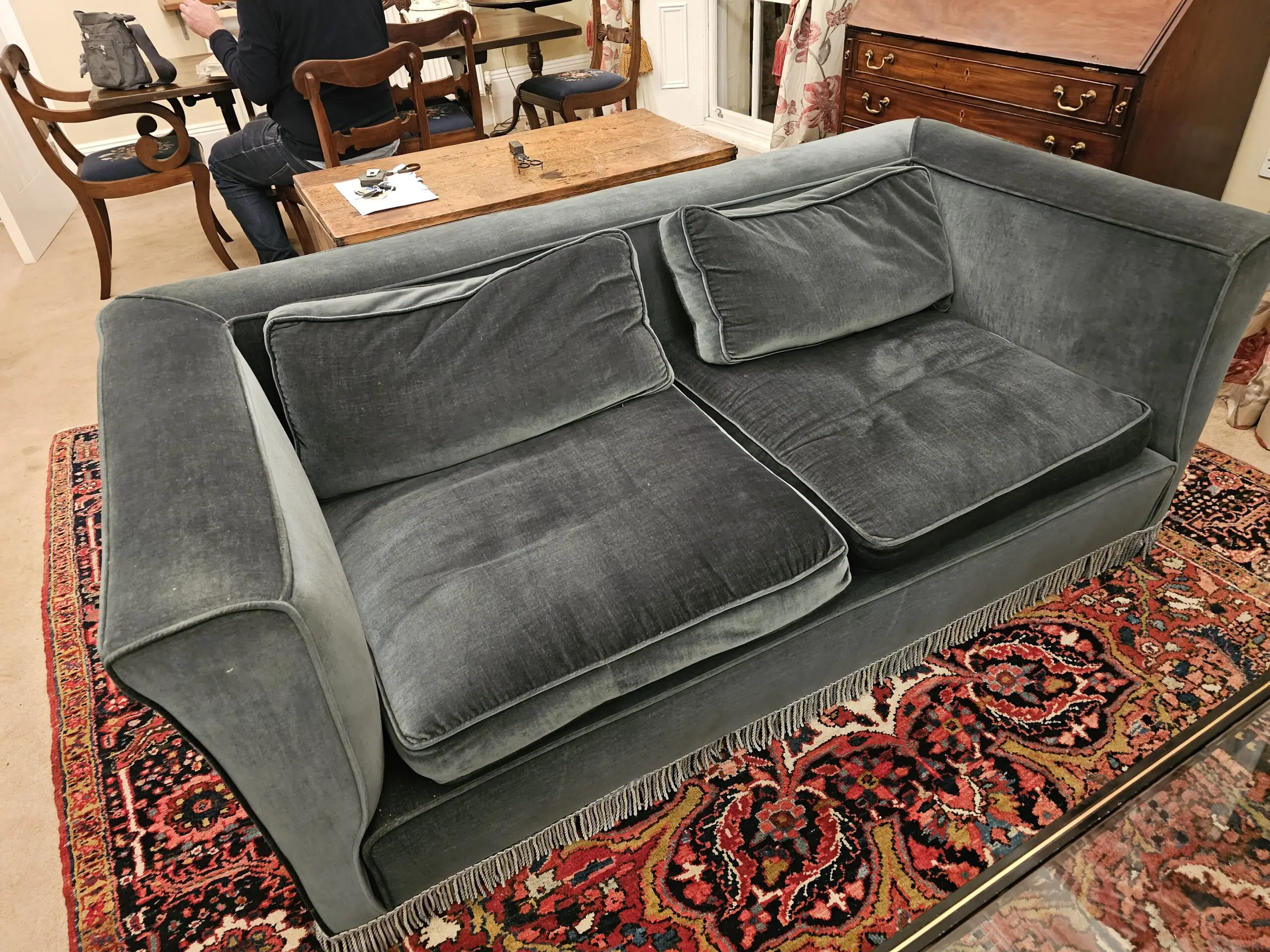 Antique teal draylon 3 seater sofa in good condition. Low-backed.