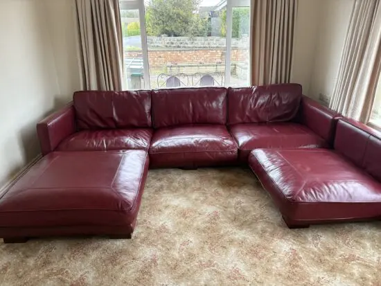 Burgundy red leather MODULAR 3-4 seater sofa with footstool / ottoman