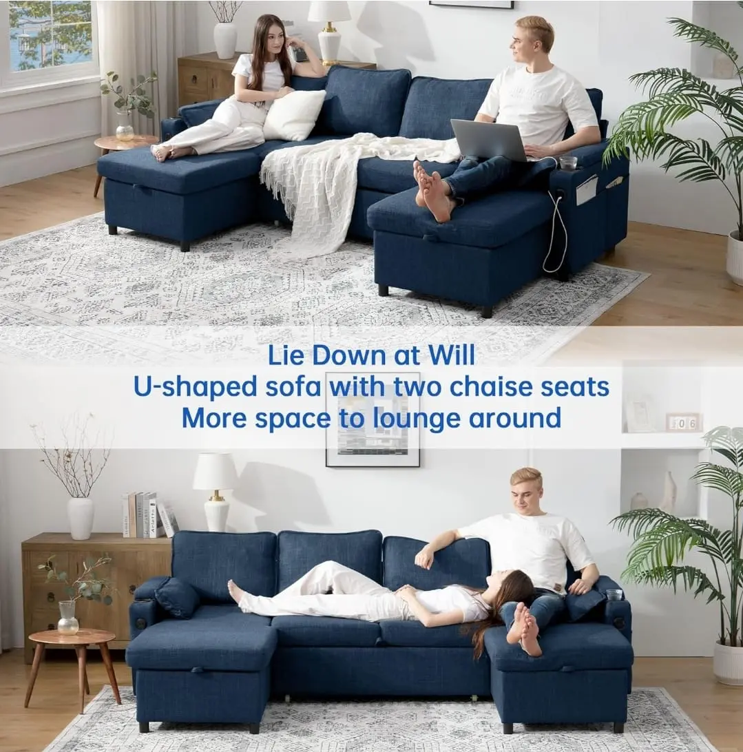 Navy Blue 3 piece sofa bed with ottoman storage