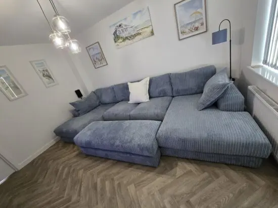 DFS Rest Cord Sofa in Sky Colour Rest Large Double Ended Chaise Sofa with Large Foot Stool 370cm Length - 172cm Depth - 85cm High 6 months old and only selling due to moving, comes with 5 year sofacare package £1,800 ono