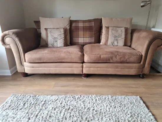 Brown Suede Effect 3 Seater Sofa With Cushions. Bought From SCS.