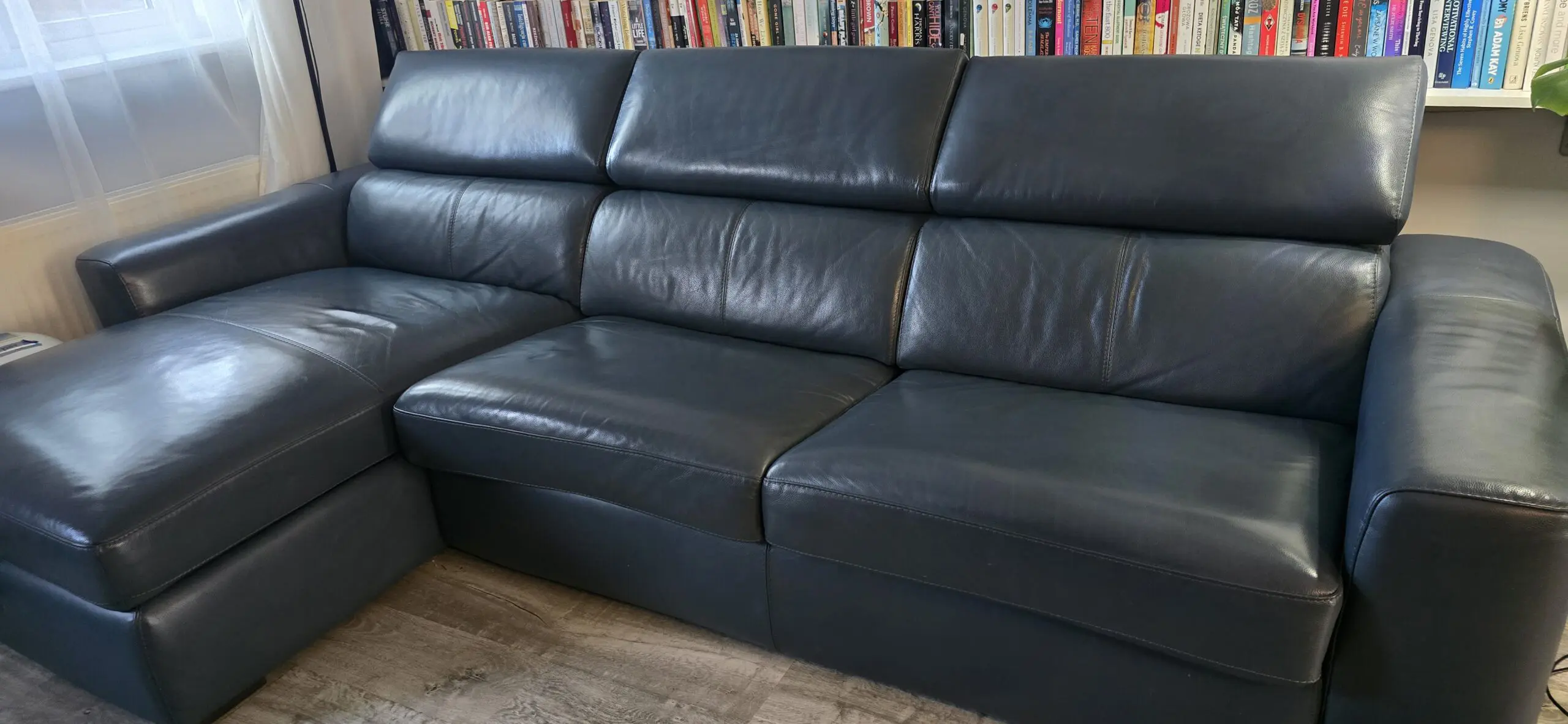 Furniture village Infinity sofa bed with chair stool, ocean blue leather