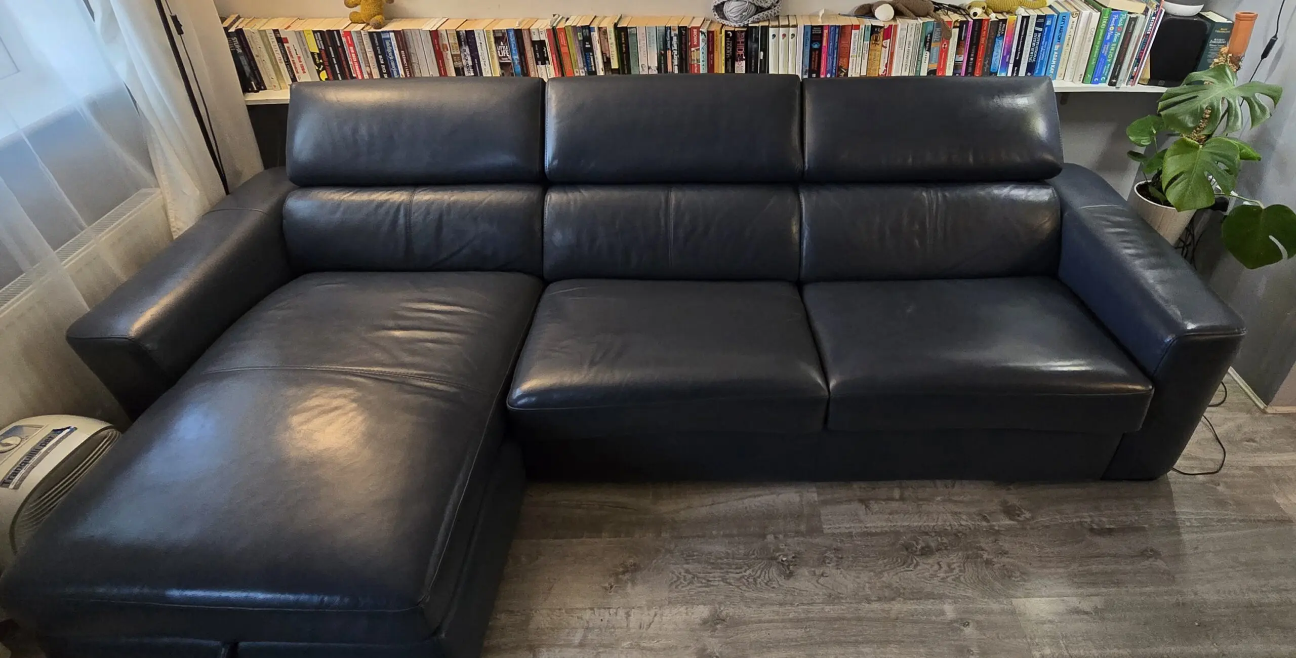 Furniture village Infinity sofa bed with chair stool, ocean blue leather