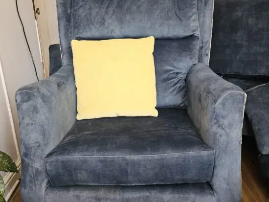 HSL 3 piece suite with lumbar support 1 yr old blue velvetine material, chairs have flower design on sides and back, come with matching cushions all have light oak wooden legs, all have fire safety labels,