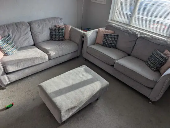 SCS Spark Grey 3 seater sofa x 2 and footstool