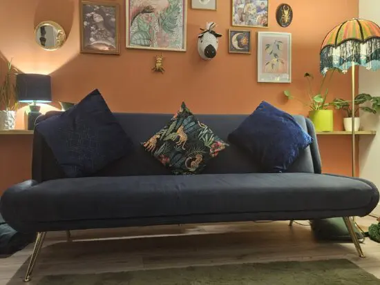 Luxury Blue Velvet Sofa - Converts in to a double bed as well finished with Gold legs.