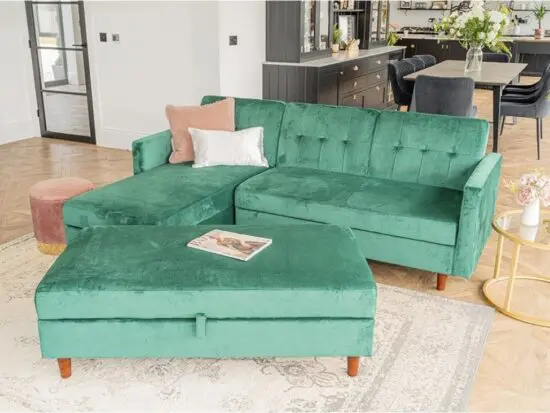 Reversible Green Velvet Corner Sofa With Storage Chaise and Ottoman