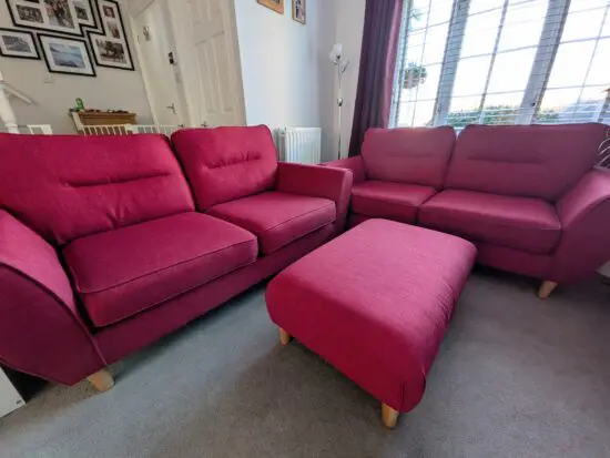 Sofology Hetty Red 2-seaters and footstool