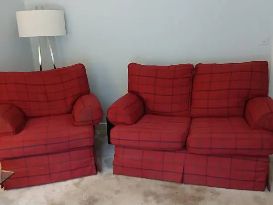 MultiYork ex large 3 seater, 2 seater and chair .Predominately red with navy and green as a large check