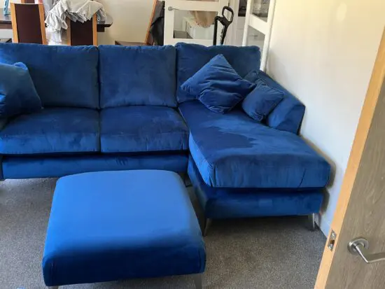 DFS L SHAPE BLUE VELVET WITH 2 SEATER
