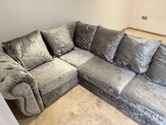 Crushed Velvet Grey Corner Sofa - Like New Condition, Scatter Back Cushions