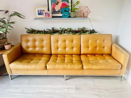Mid- century modern light tan leather sofa and armchair