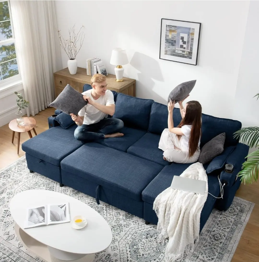 Navy Blue 3 piece sofa bed with ottoman storage