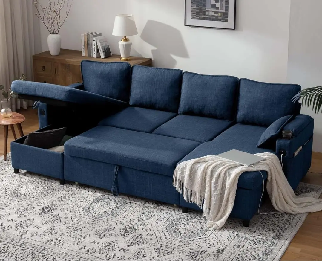 Navy Blue 3 piece sofa bed with ottoman storage
