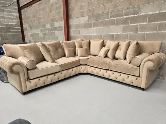 DFS Beige Chesterfield Corner Sofa With High Back Cushions