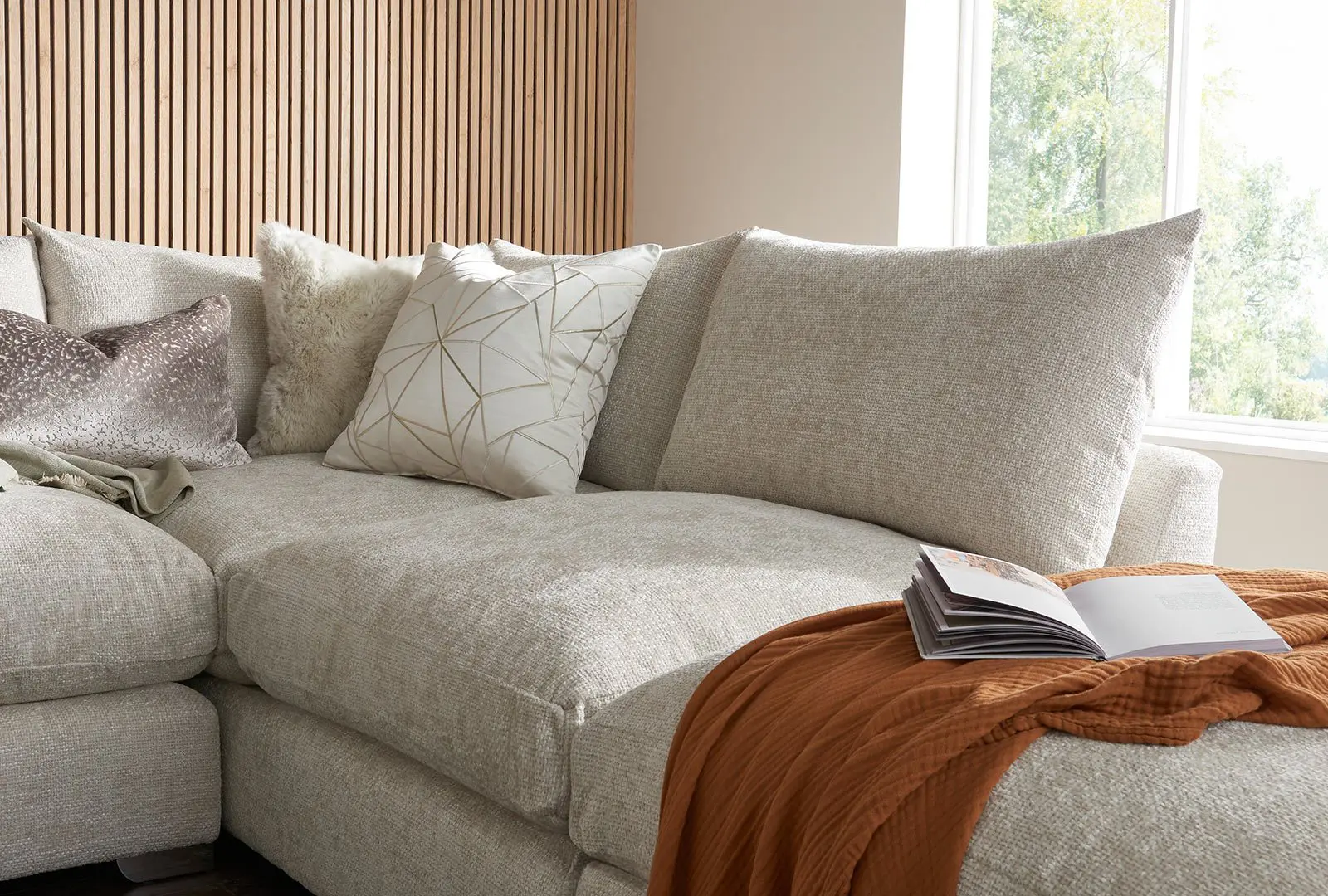 John Lewis Beige L Feathers Sectional Sofa With Chaise Lounge For Sale