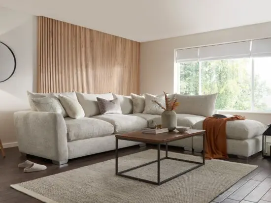 John Lewis Beige L Feathers Sectional Sofa With Chaise Lounge For Sale