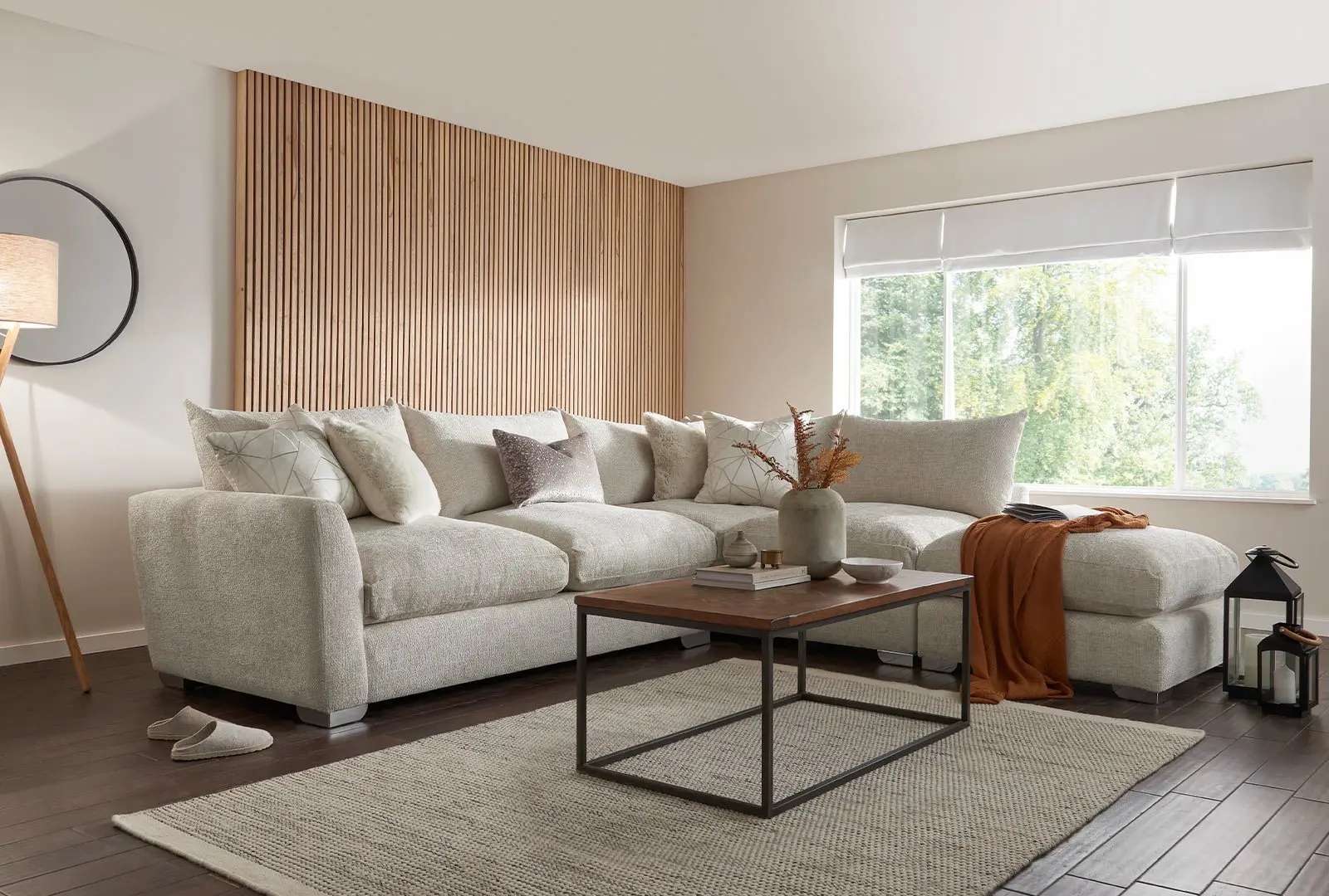 John Lewis Beige L Feathers Sectional Sofa With Chaise Lounge For Sale