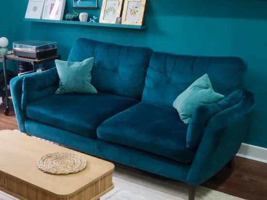 Ice Interiors Teal Blue velvet sofa with walnut legs