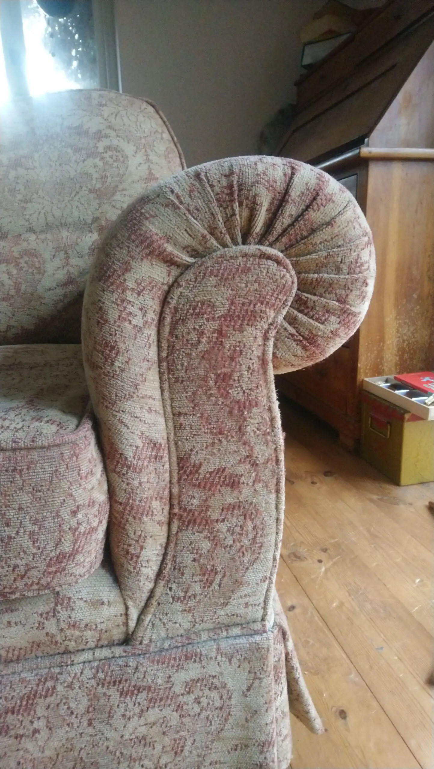 Velvet scroll arm settee