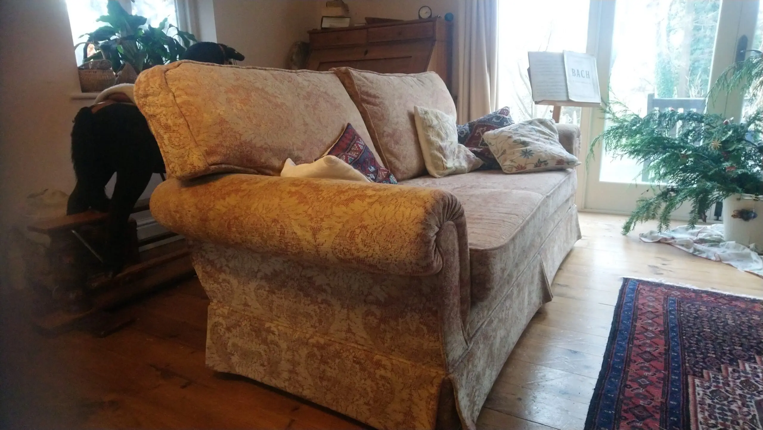 Velvet scroll arm settee