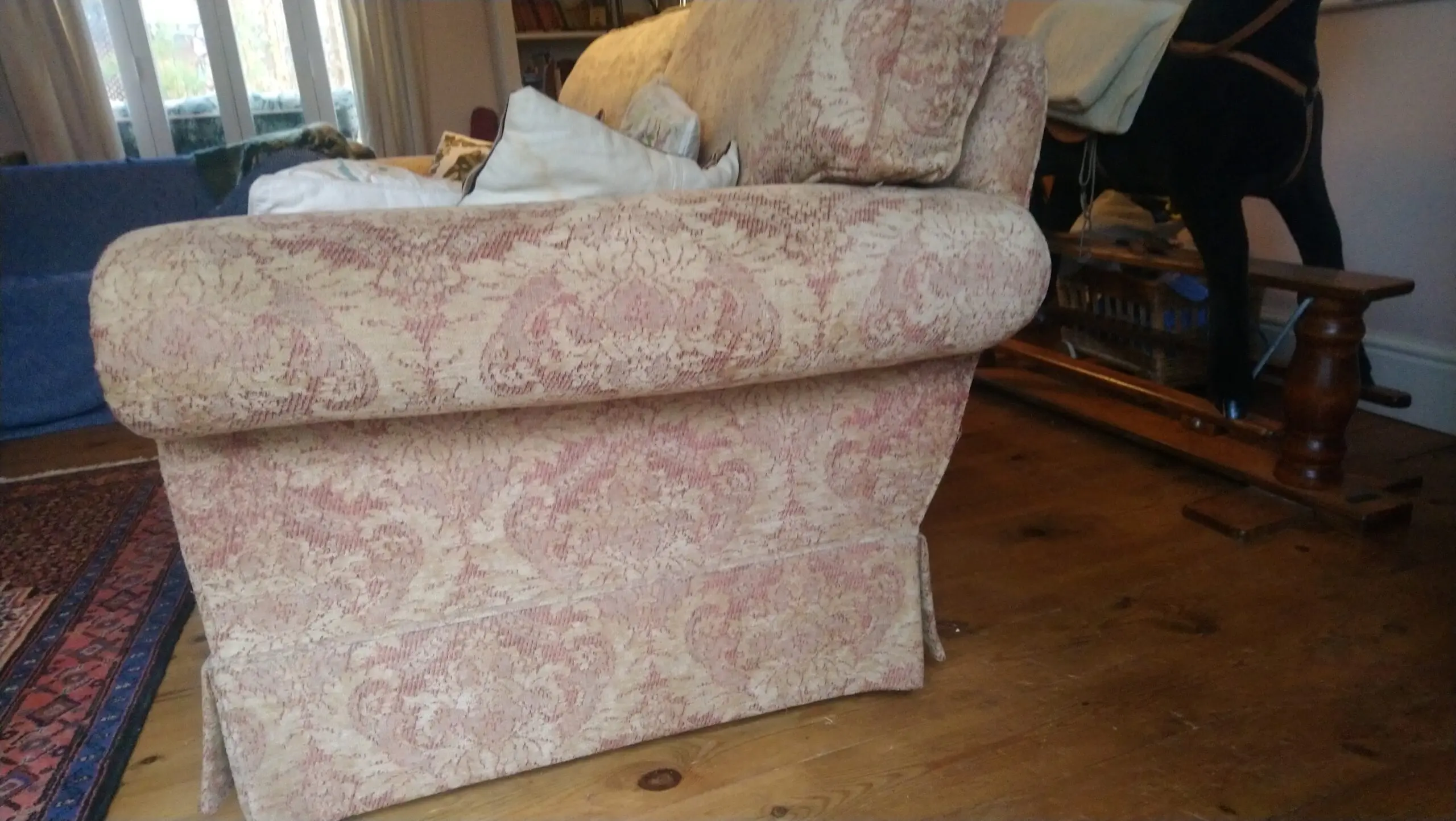 Velvet scroll arm settee