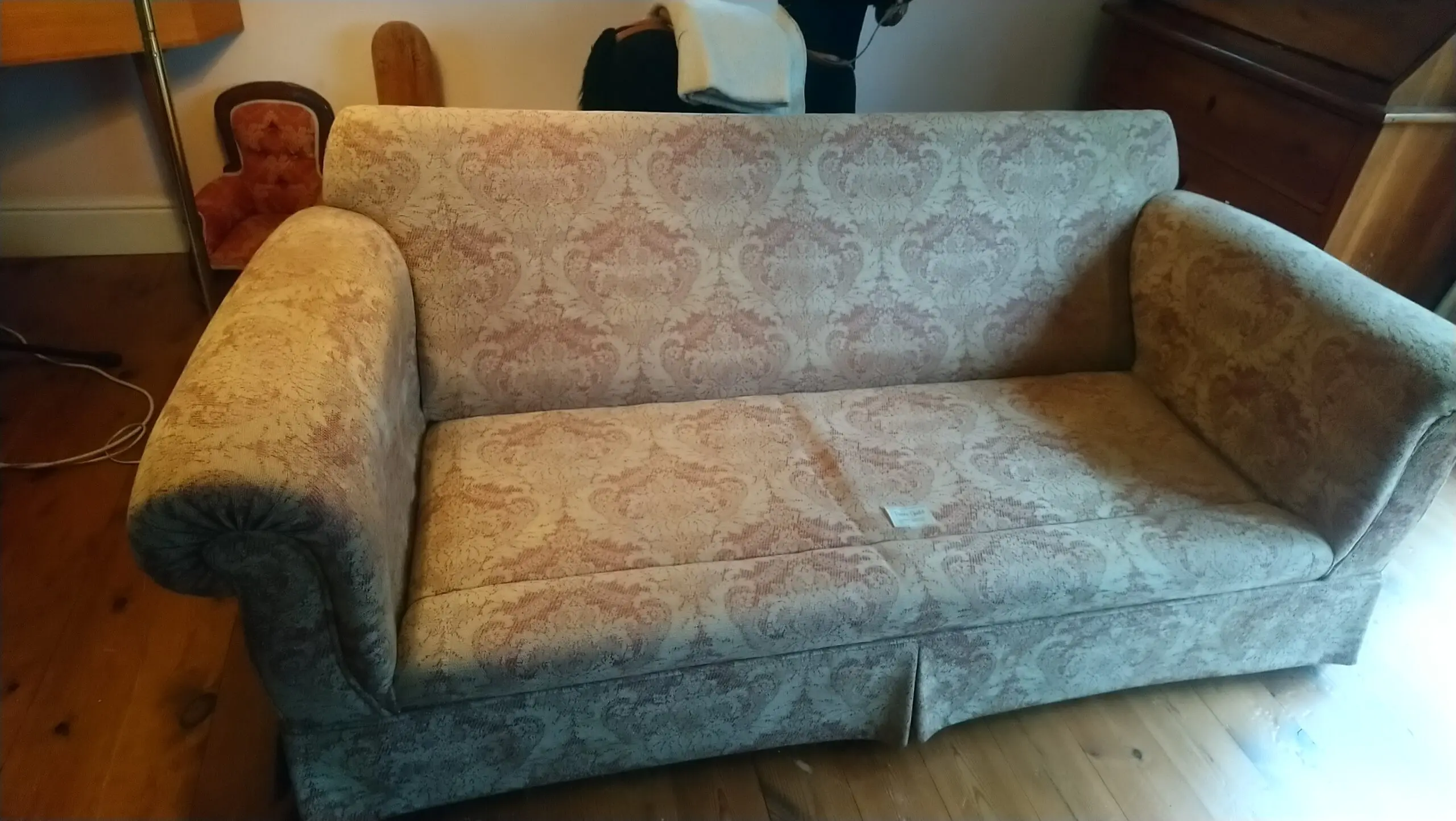 Velvet scroll arm settee