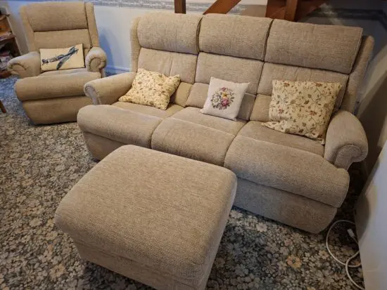 Good condition Parker Knoll recliner set including storage footstool