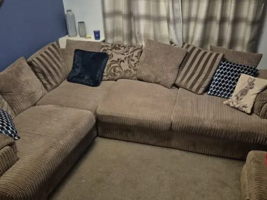 Dfs large corner sofa,swivel chair + half moon foot rest and footstool/storage chest