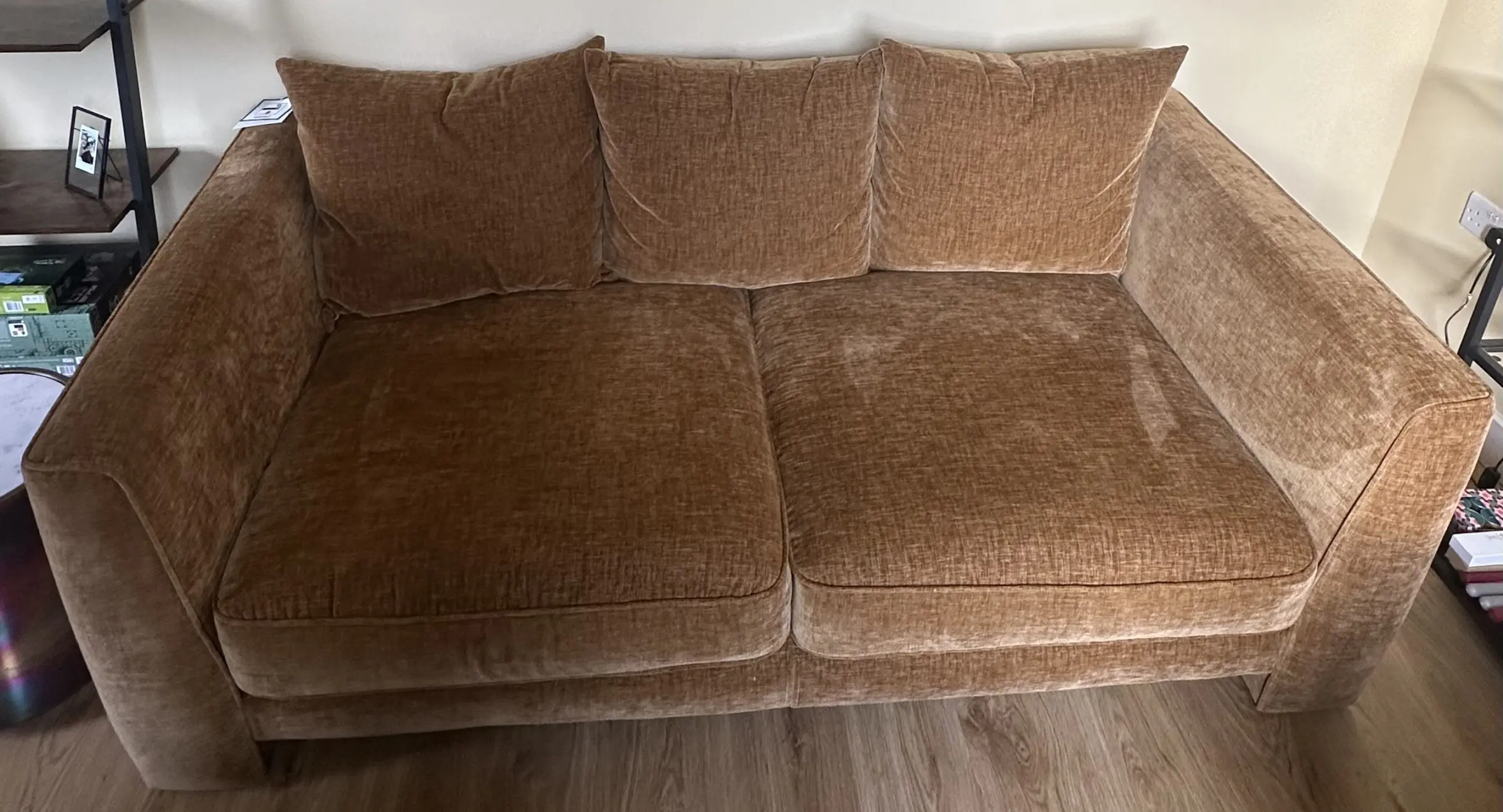 DFS Huxham Chenille Pillow Back 3 Seater Sofa in cinnamon