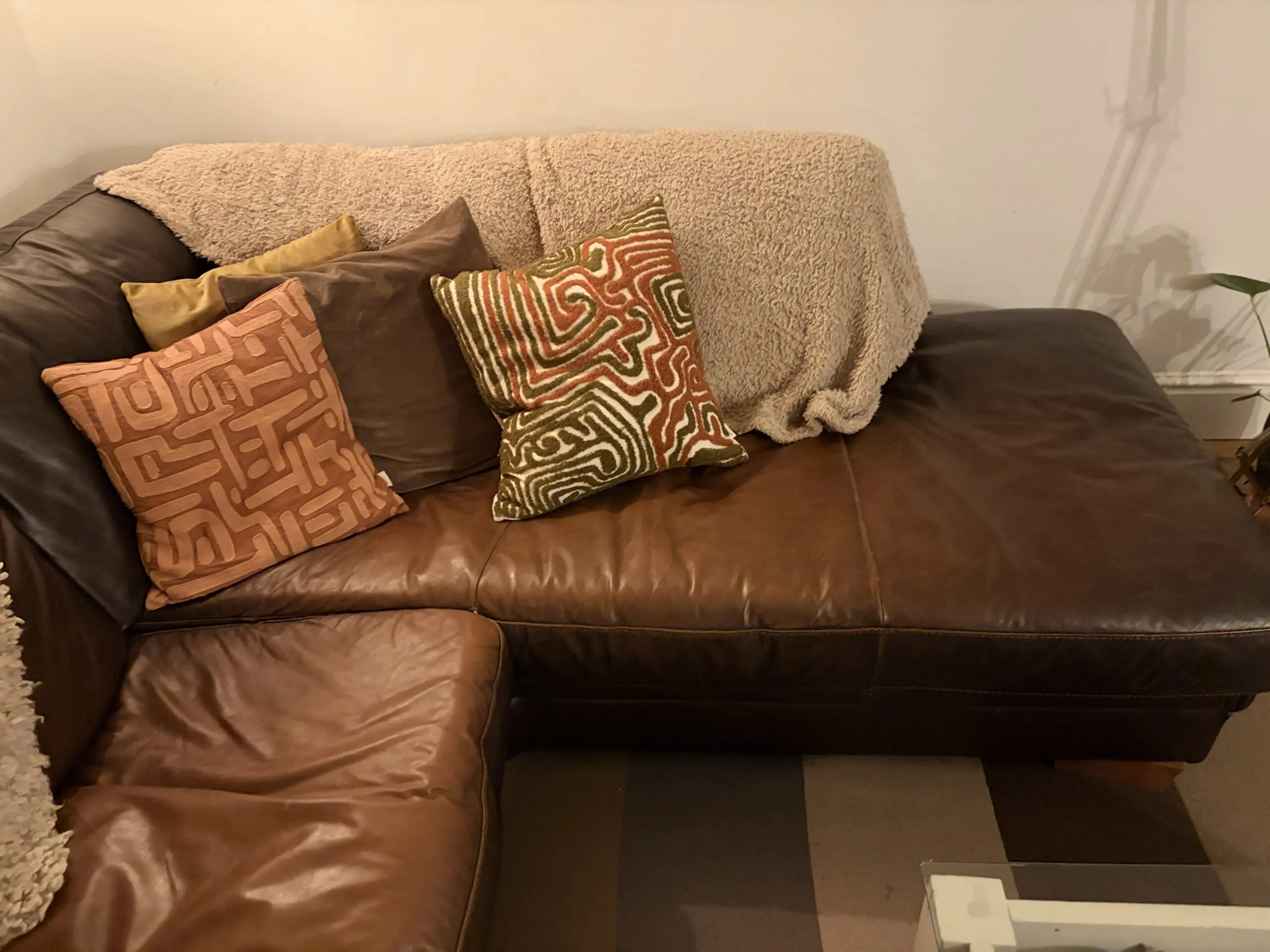 DFS Chocolate Brown L Shaped Sofa with Right Hand Side Chaise Longue