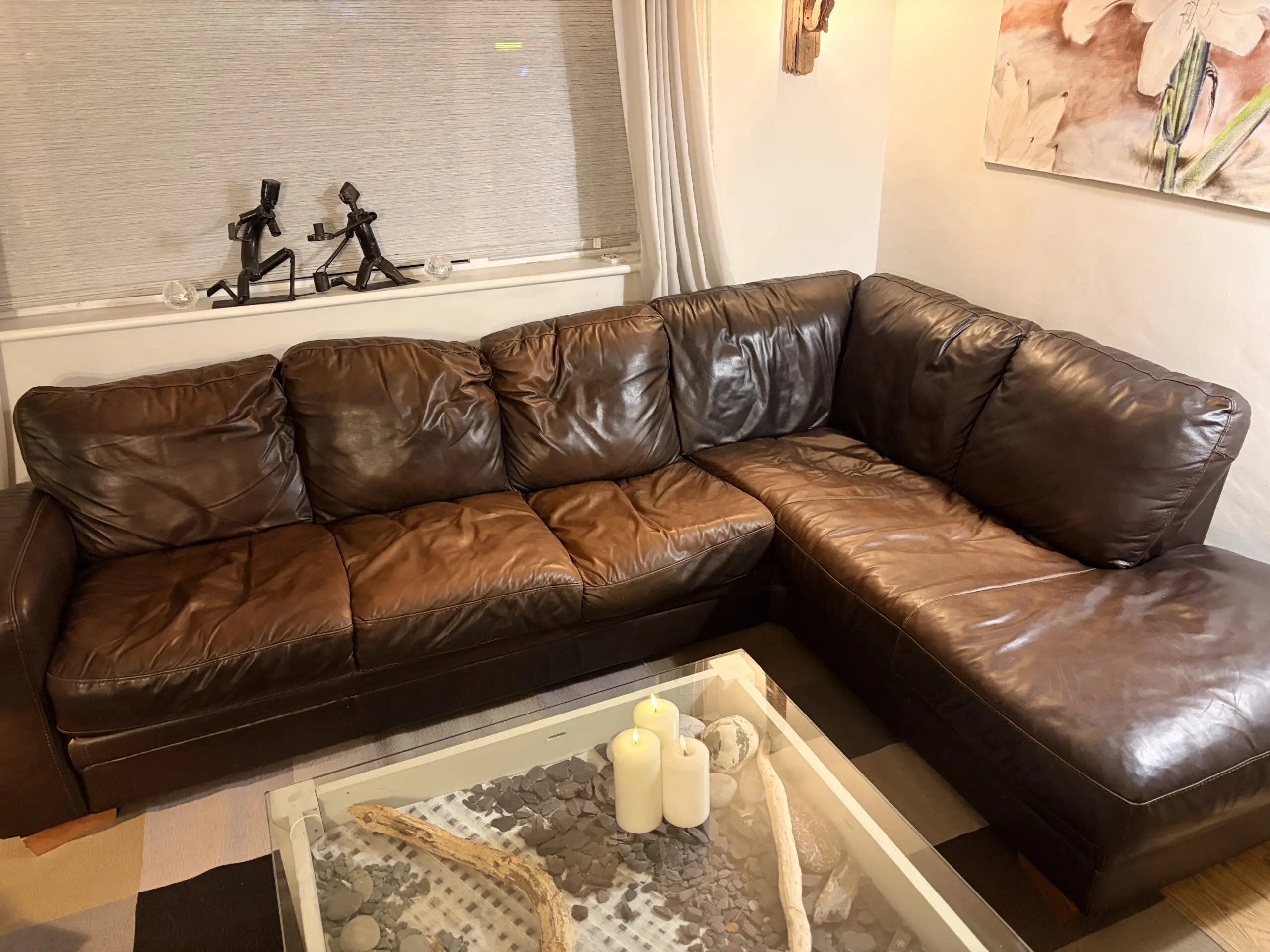 DFS Chocolate Brown L Shaped Sofa with Right Hand Side Chaise Longue
