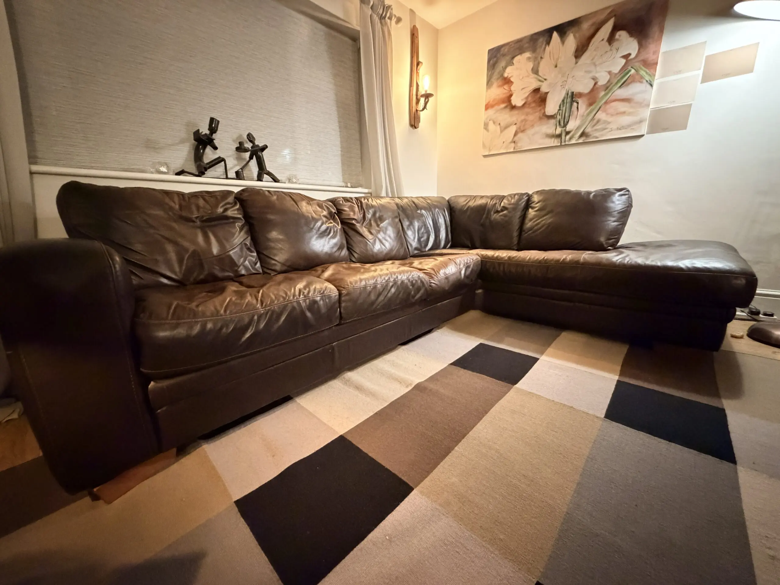 DFS Chocolate Brown L Shaped Sofa with Right Hand Side Chaise Longue