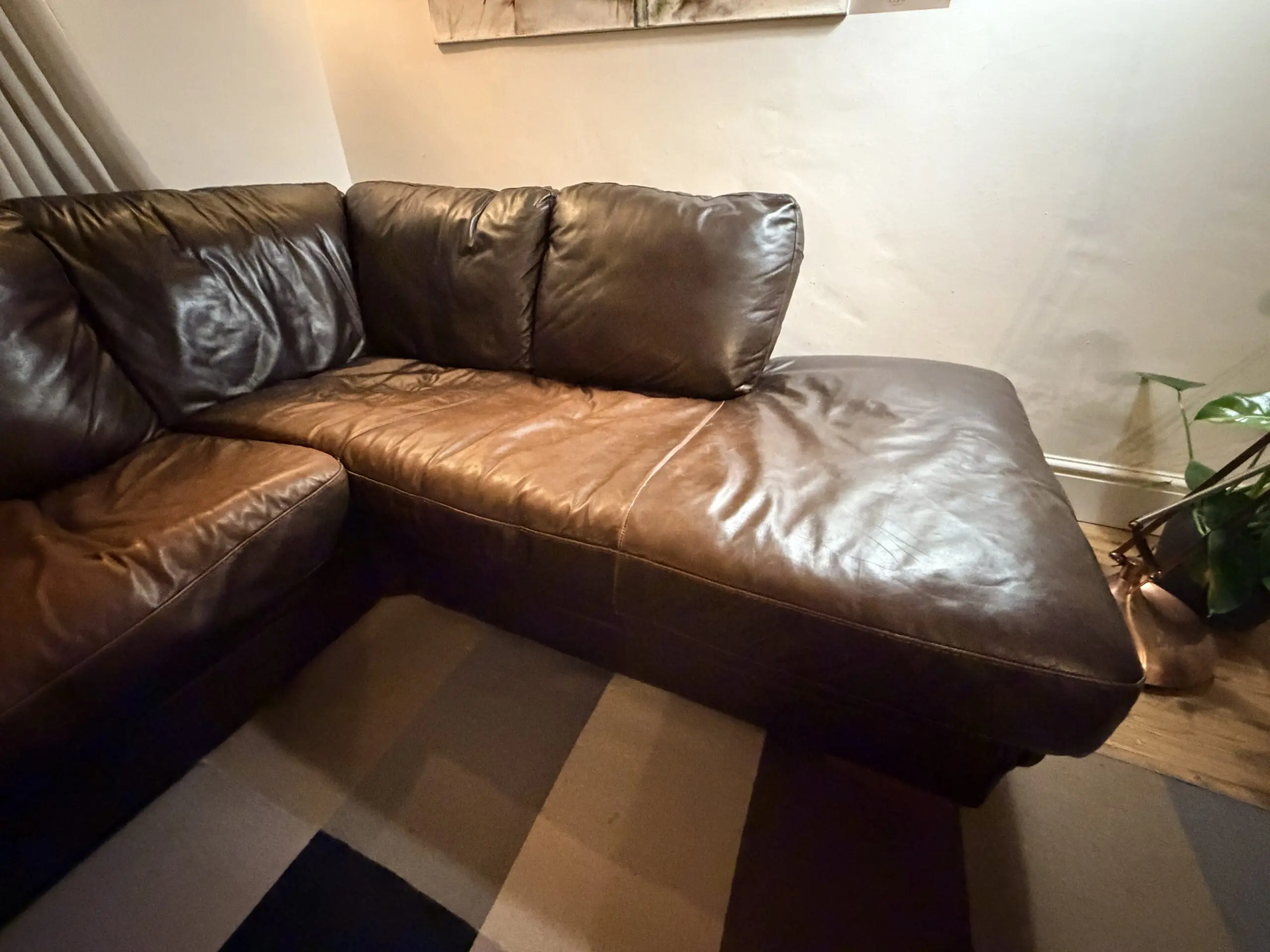 DFS Chocolate Brown L Shaped Sofa with Right Hand Side Chaise Longue