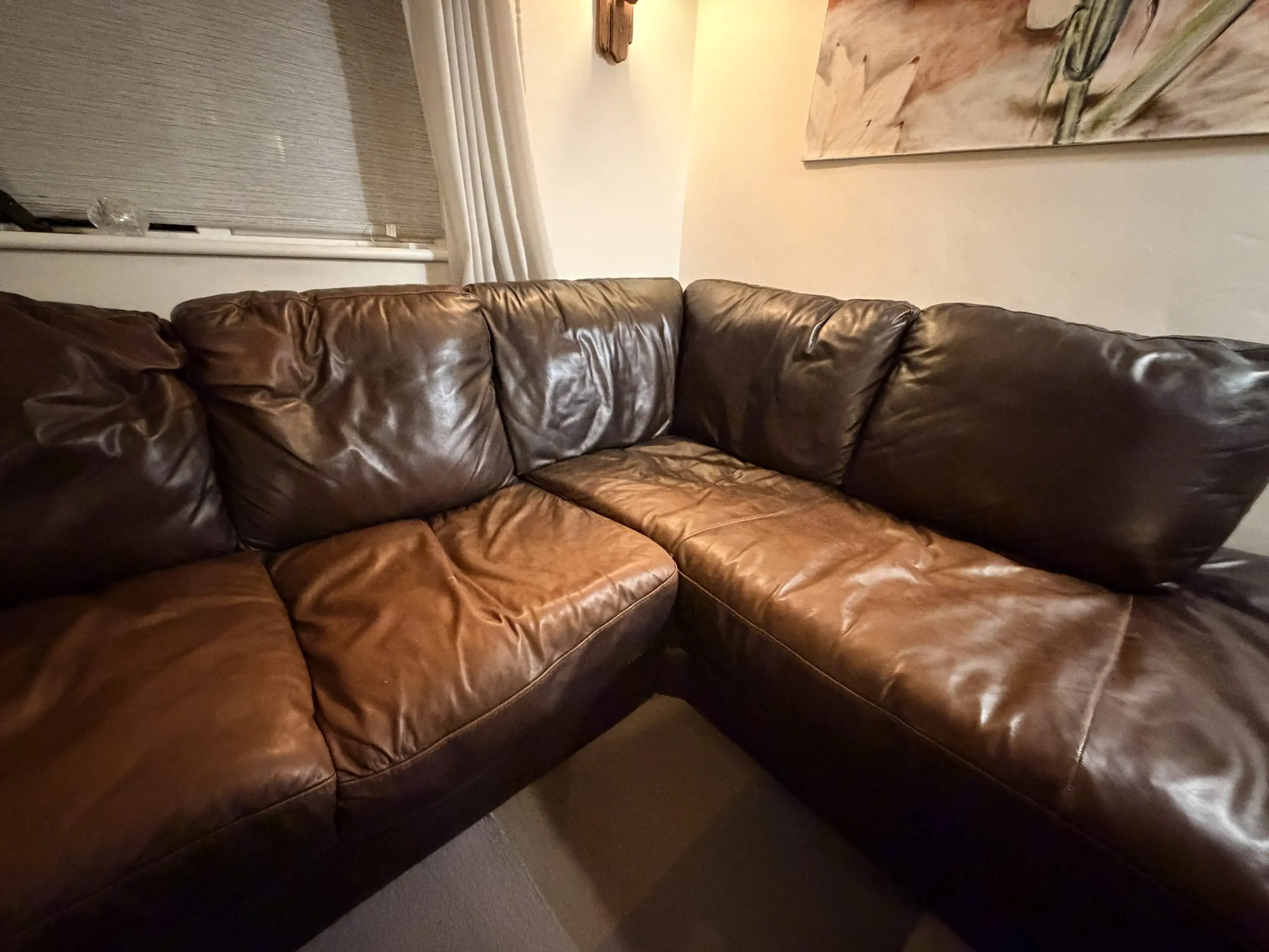 DFS Chocolate Brown L Shaped Sofa with Right Hand Side Chaise Longue