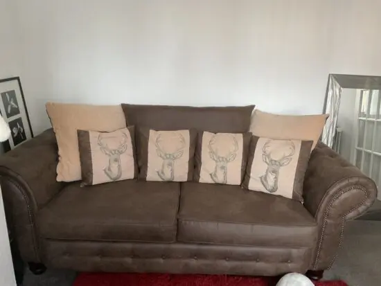 Country Fabric Brown 3 Seater Settee, 2 Brown Love Scatter Back Chairs And Brown Chair