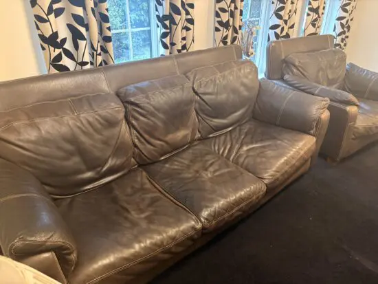 DFS brown leather sofa, armchair and footstool