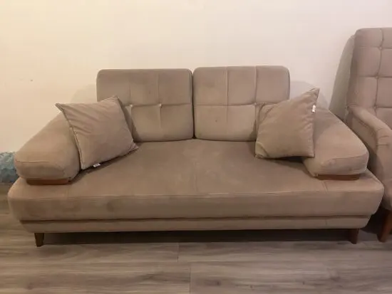 İpek Sofa Set for Sale İpek sofa set in beige color. Includes 2 sofas and 1 armchair. Comfortable seating, soft fabric, and wooden legs. Used, in good condition.