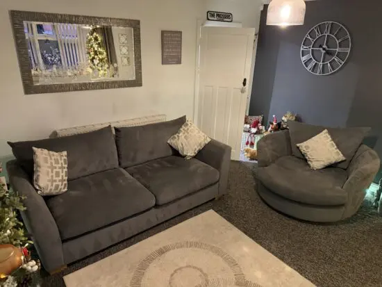 Oak furniture land, Seattle 3 Seater Sofa and swivel chair in Charcoal fabric