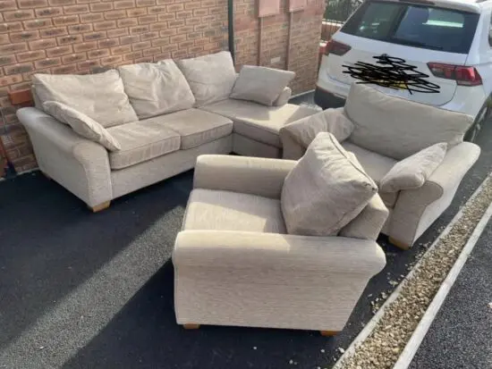 L shaped sofa and two arm chairs beige comfy and used like new.