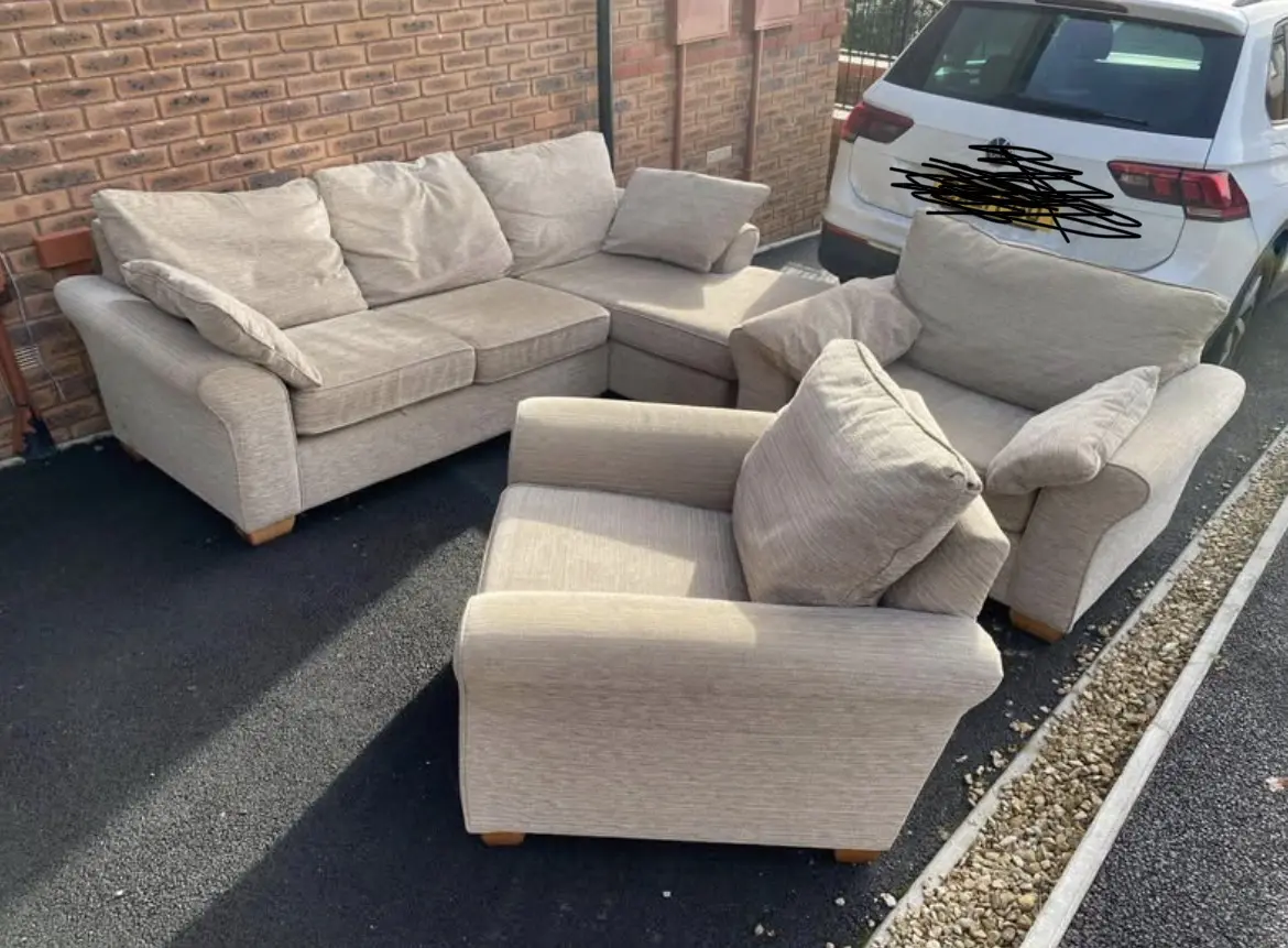 L shaped sofa and two arm chairs beige comfy and used like new.