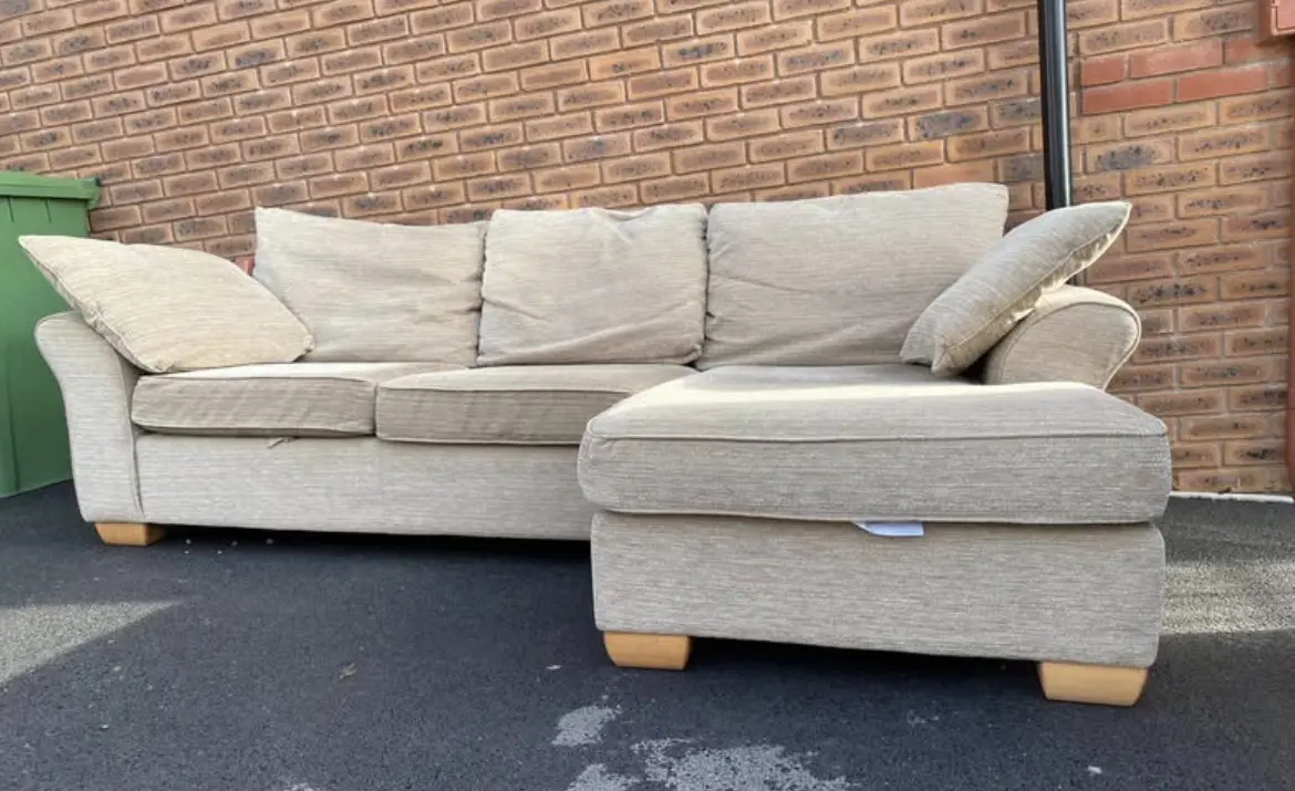 L shaped sofa and two arm chairs beige comfy and used like new.