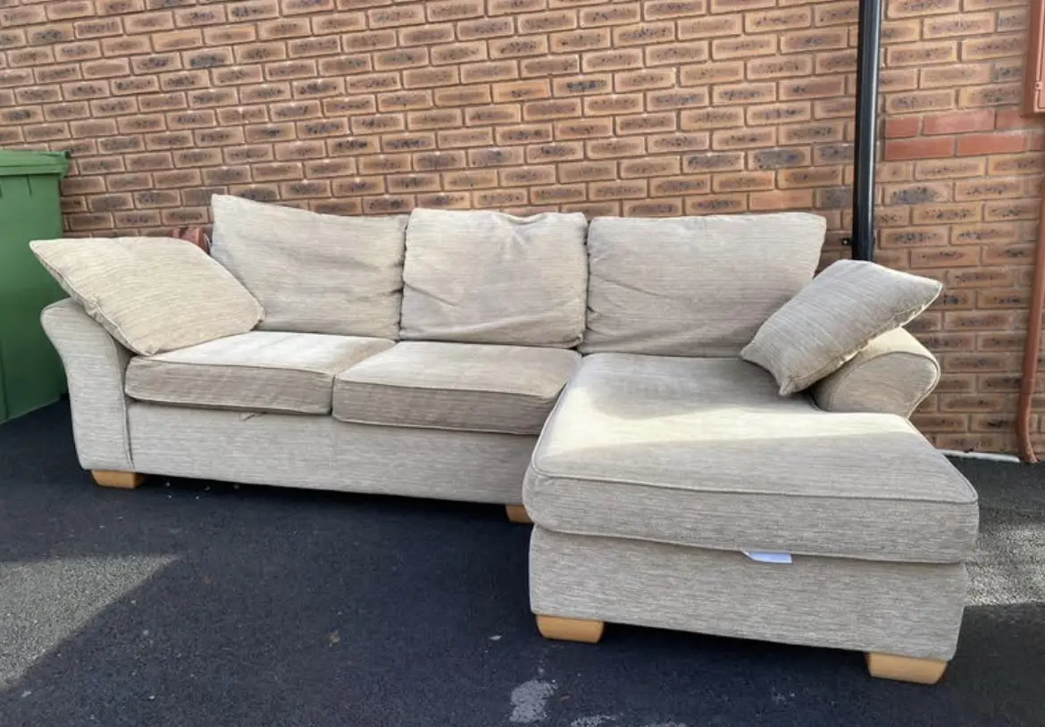 L shaped sofa and two arm chairs beige comfy and used like new.