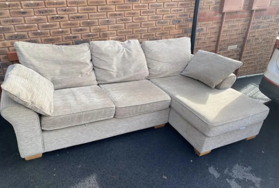 L shaped sofa and two arm chairs beige comfy and used like new.