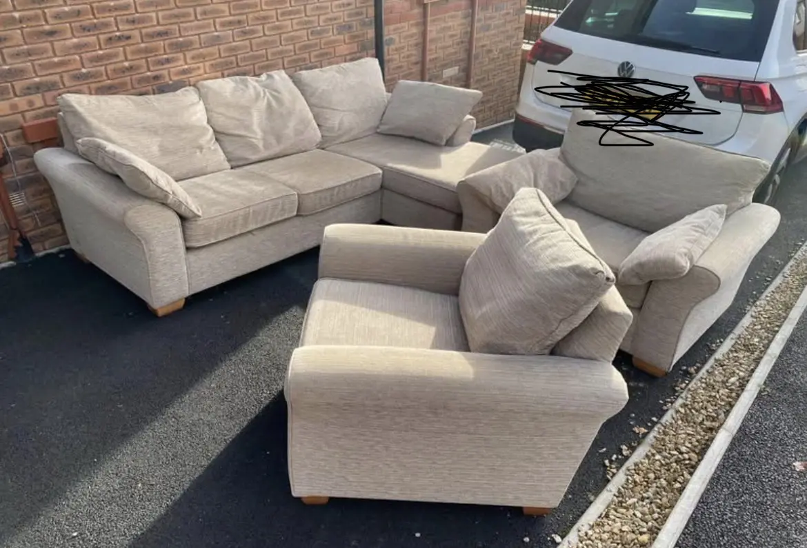 L shaped sofa and two arm chairs beige comfy and used like new.